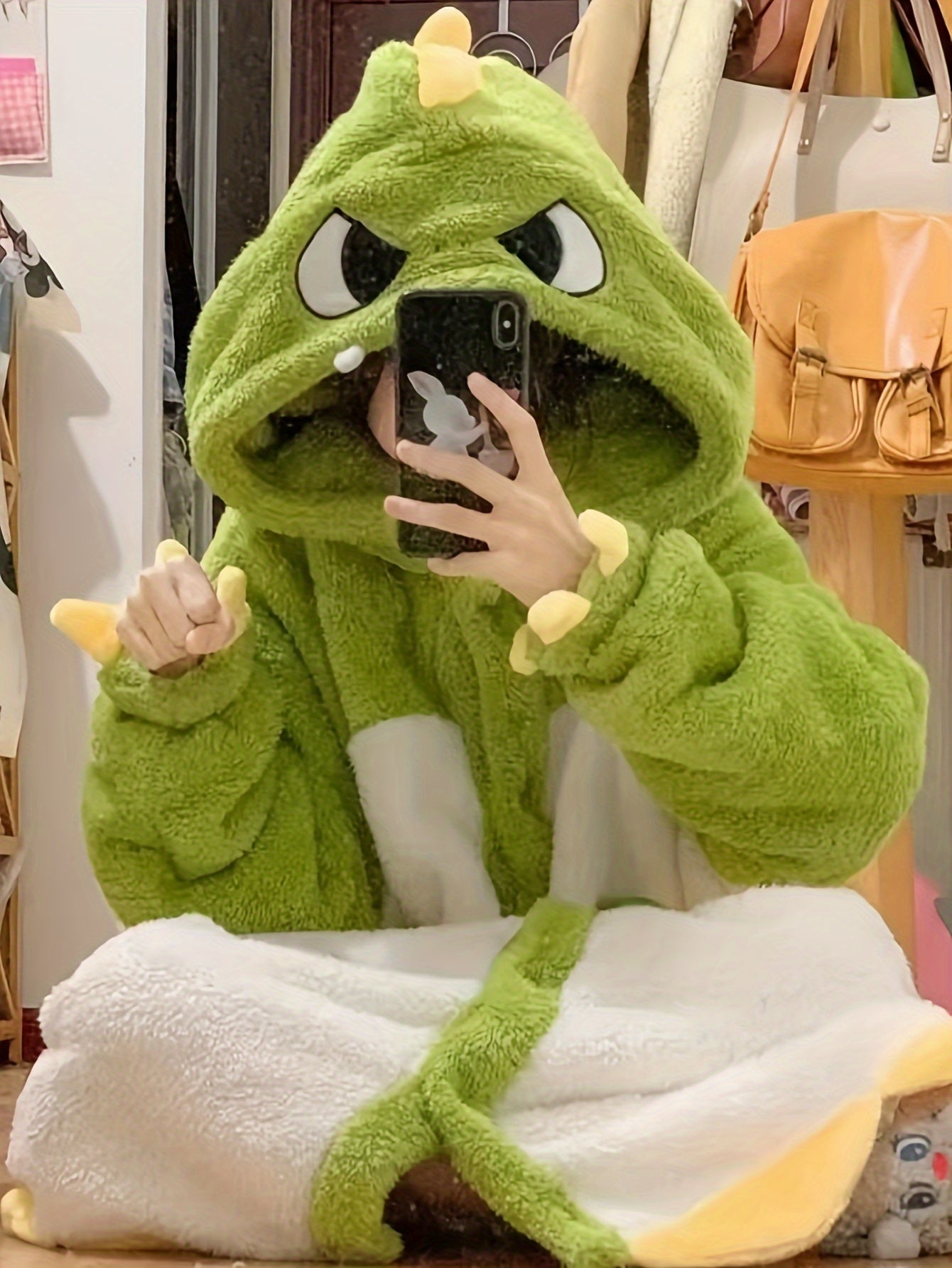 Cute Cartoon Dinosaur Fleece Thickened Night Robe For Fall & Winter, Long Sleeve Hooded Buttons Robe With Pockets, Women's Sleepwear & Dresses