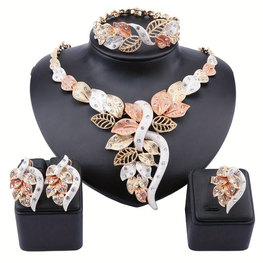 Earrings + Necklace + Bracelet + Ring Elegant Jewelry Set 18k Gold Plated Sparkling Flower Design Pick A Color U Prefer