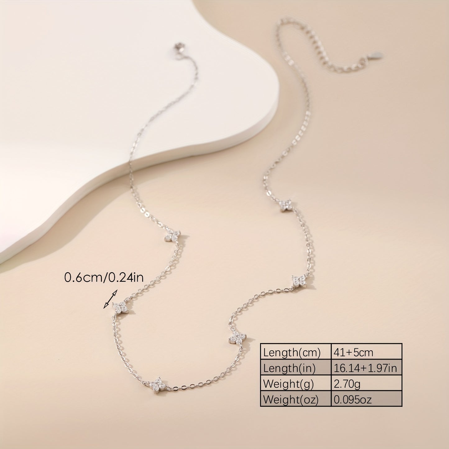 Elegant & Cute 925 Sterling Silver 2.7g Four-Leaf Clover Necklace with Artificial Zirconia Accents, Chic Everyday Versatile Jewelry