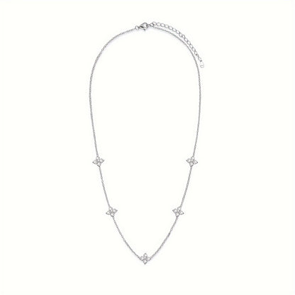 Elegant & Cute 925 Sterling Silver 2.7g Four-Leaf Clover Necklace with Artificial Zirconia Accents, Chic Everyday Versatile Jewelry