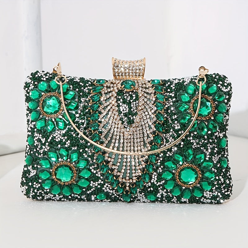 Vintage Ladies Evening Clutch With Rhinestones, PU Cocktail Handbag For Party Prom, Optional Chain Shoulder Strap