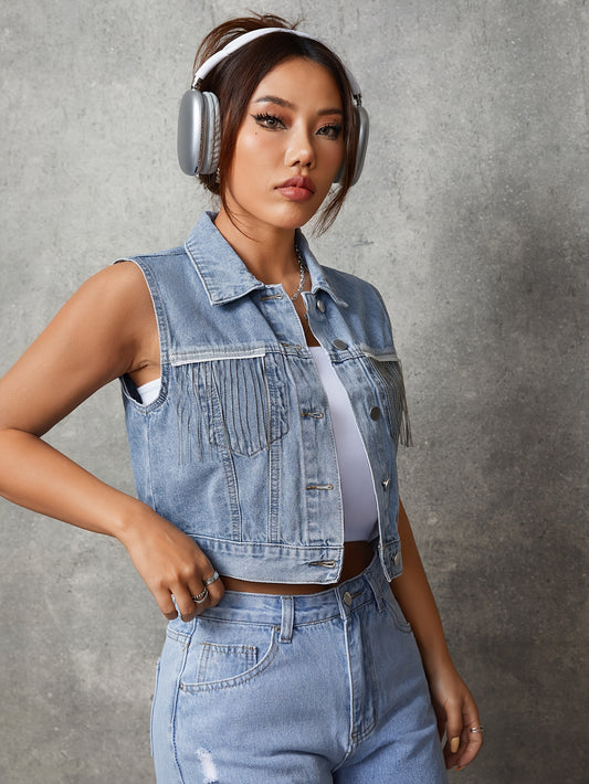 Fringe Decor Sleeveless Lapel Denim Vest, Single-breasted Light Washed Blue Denim Jacket Top, Women's Denim Jeans & Clothing