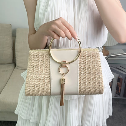 Tassel Decor Straw Evening Bag, Women's Elegant Shoulder Bag With Removable Strap, Summer Beach Woven Metal Ring Handbag Best Gifts for Carnaval