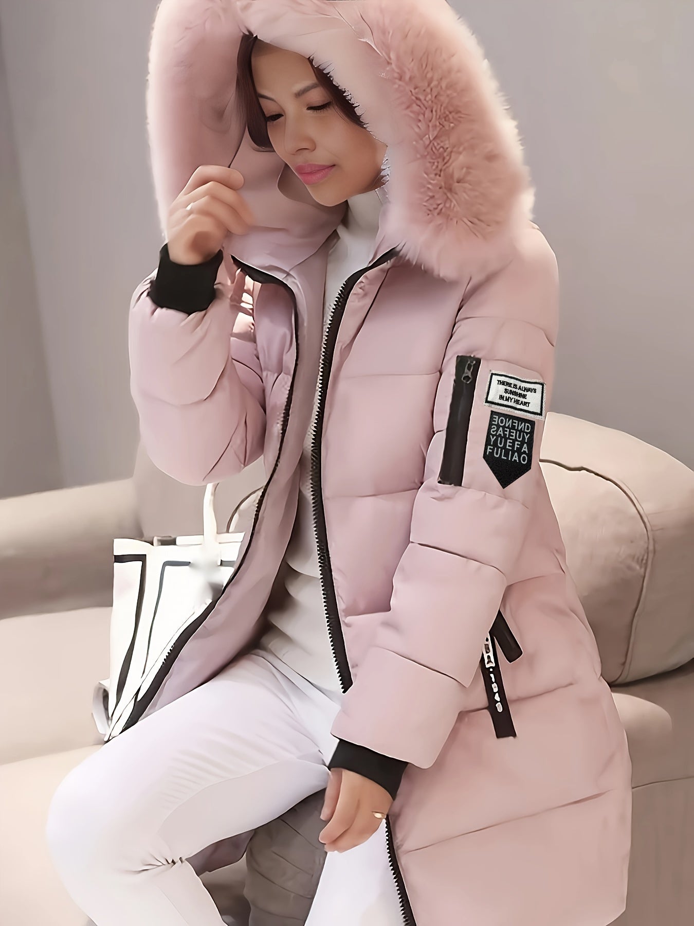 Ultra-Soft Fuzzy Trim Puffy Coat - Cotton-Padded Jacket Coat with Zip-Up, Long Sleeve, Zipper Pockets, Longline Insulated Design, and Casual Style for Winter - Women's Comfortable Clothing