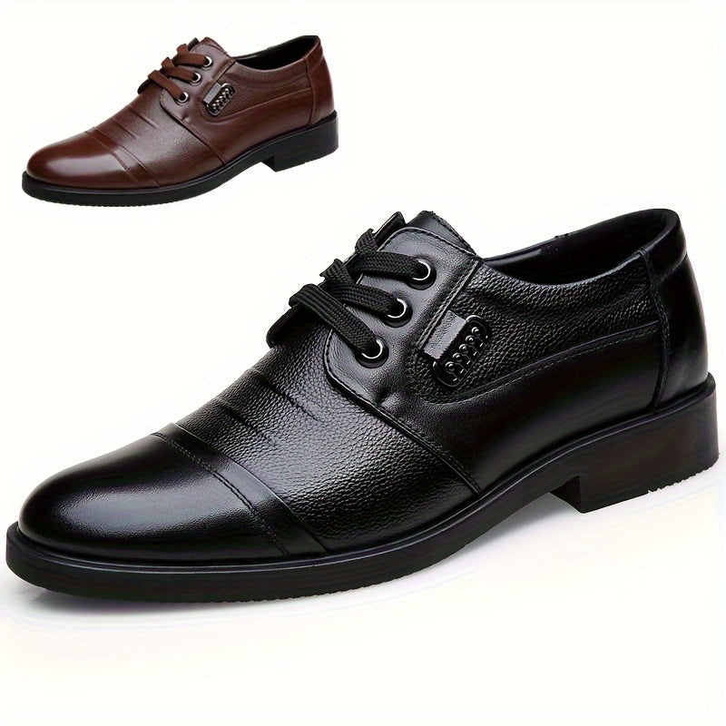 Low-Top Mens Top Grain Leather Derby Shoes - Comfy Non-Slip Rubber Sole, Breathable PU Insole, Slip-On Closure, Round Toe, Durable and Stylish for Daily Casual Wear in Spring and Fall Seasons