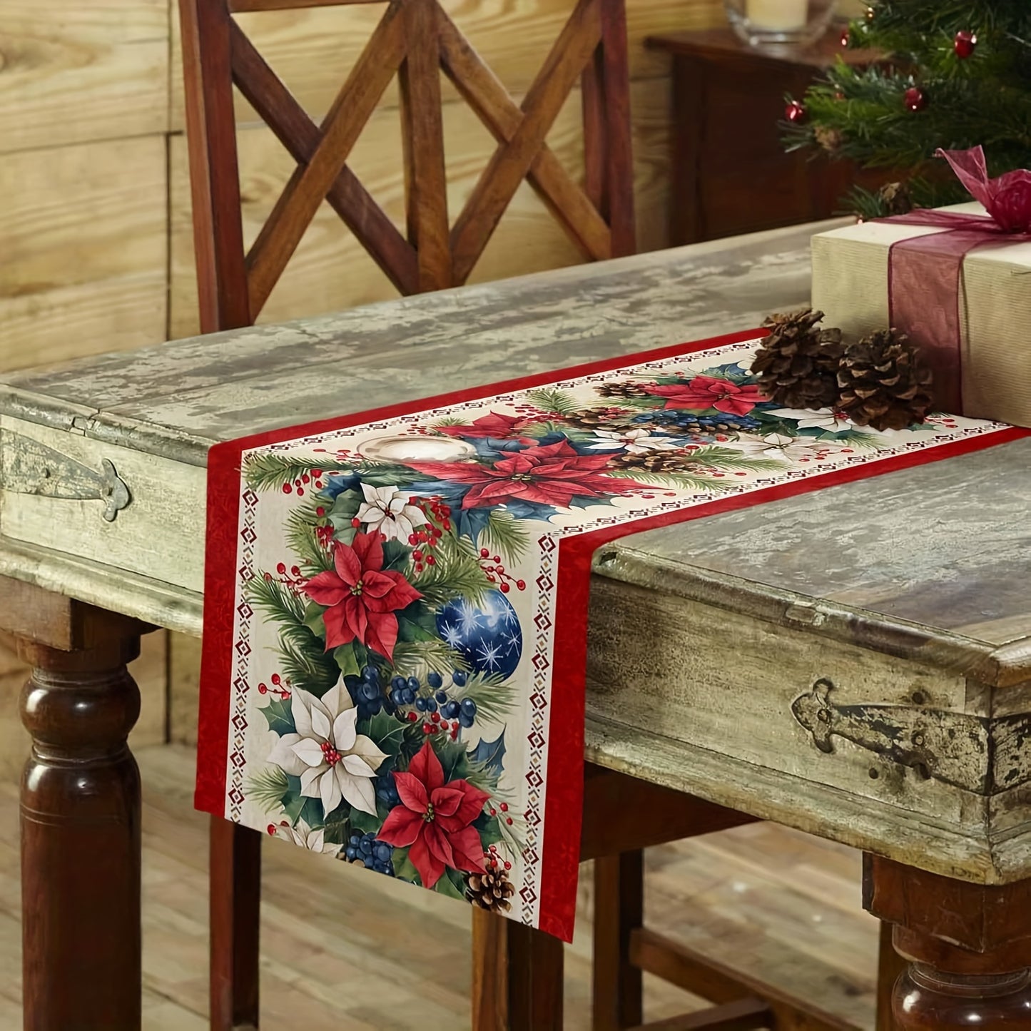 Christmas Poinsettia Linen Table Runner - Red, Festive Winter Decor for Holiday Dining & Kitchen