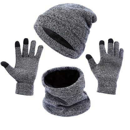 3pcs/set Thickened Warm Fleece Lined Hat Gloves Infinity Scarf Set Autumn Winter Unisex Warm Coldproof Sports Knit Beanie Cap Touchscreen Gloves Neck Gaiter 3-piece Set