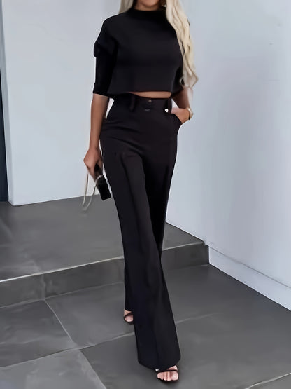 Two-Piece Solid Color Suit - Pantsuits for Women - Round Neck Short Sleeve Top and High Waist Straight Pants Set with Comfortable Fabric