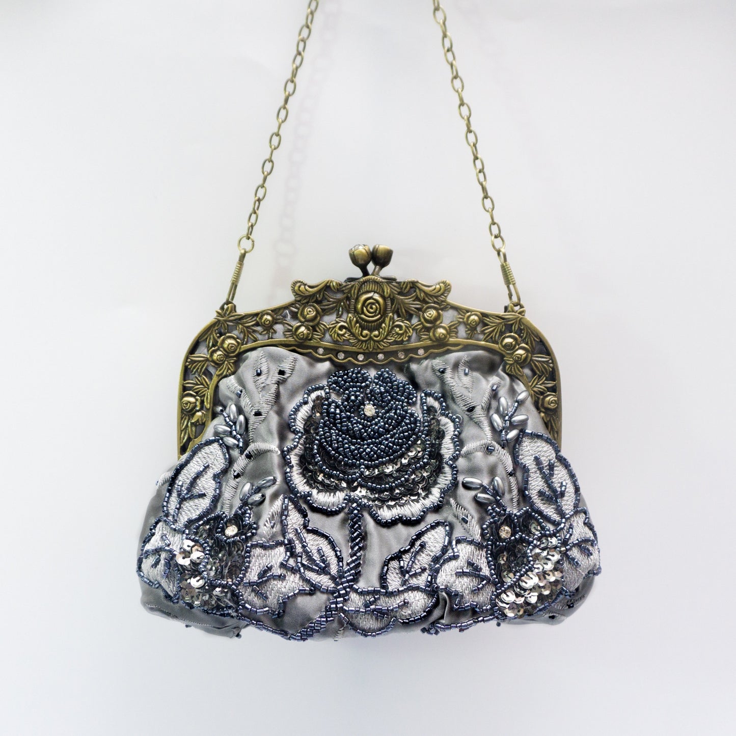 Flower Embossed Beaded Handbag, Kiss Lock Rose Elegant Clutch Bag, Vintage Style Mini Handbag