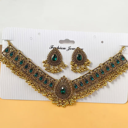 1 Pair Elegant Bollywood-Style Earrings & 1 Necklace Set - Vintage Charm with Inlaid Gemstones for Daily Wear & Parties