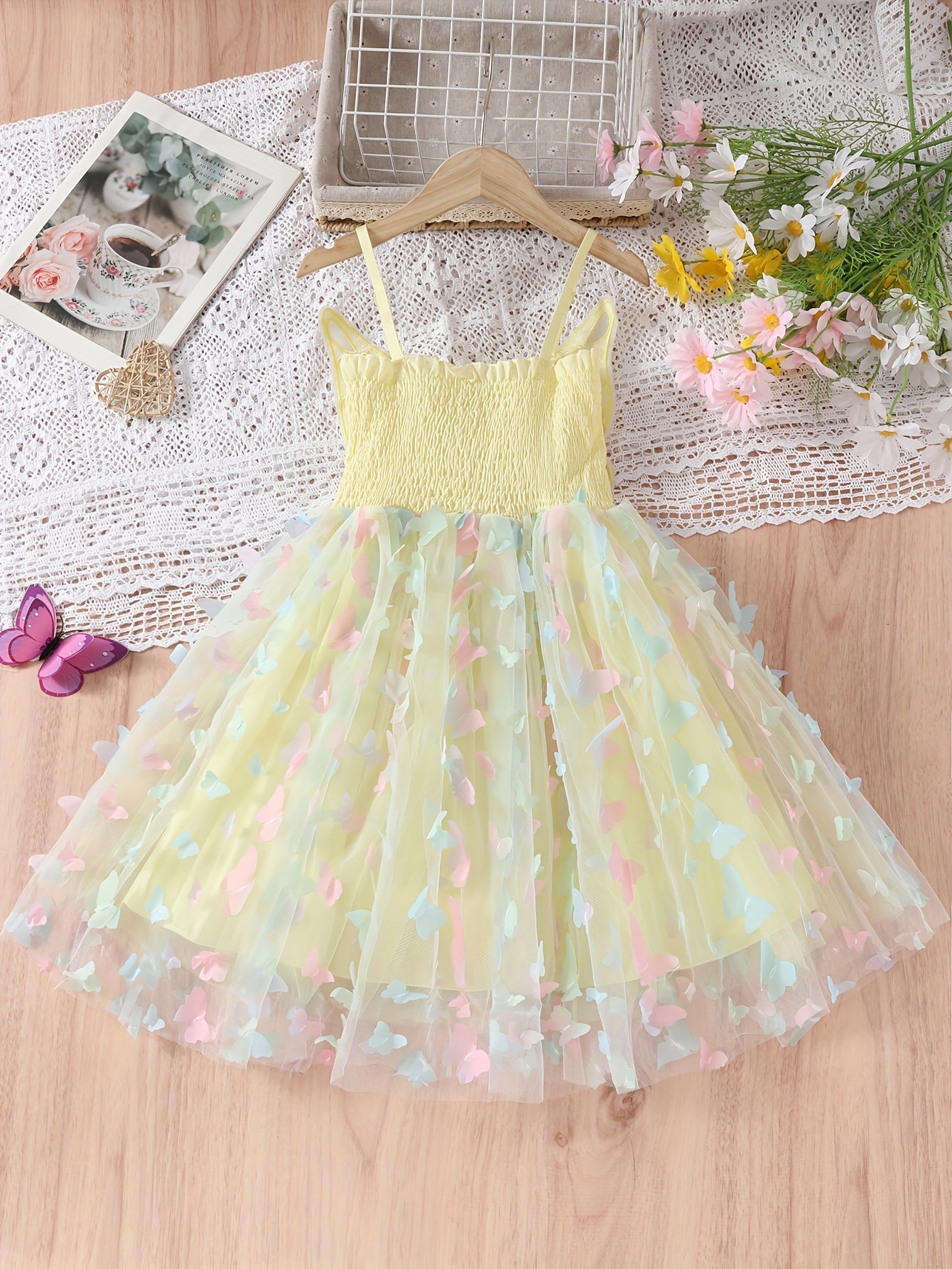 95% Cotton Girls' Princess Cami Dress with Sweet Butterfly Wings & Gradient Tulle - Perfect for Summer Parties & Birthday Celebrations