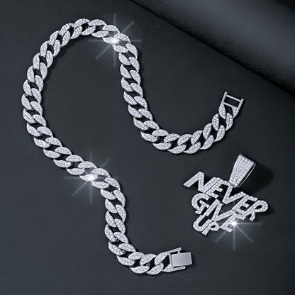 Never give up pendant hip hop Cuban chain necklace, chain length 18in wide 0.59in, gift box