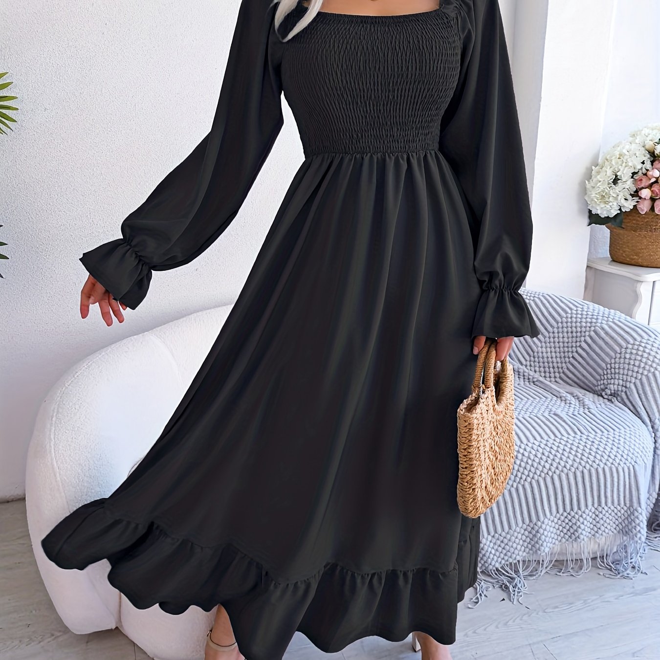 Bold Solid Squared Neck Lantern Sleeve Maxi Dress - Fashionable High Waist, Backless & Ruffled Hem - Alluring Casual Style for Women - Long, Flowing & Versatile