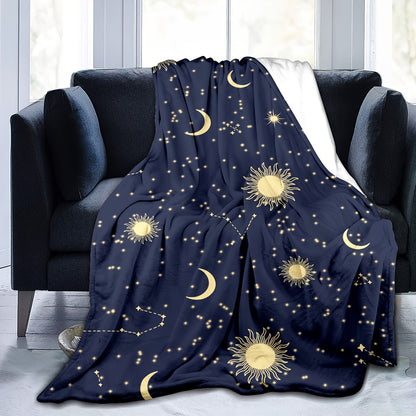 Contemporary Celestial Design Flannel Throw Blanket - Hypoallergenic Cozy Lightweight, Machine Washable, Digital Print, All-Season Multipurpose Polyester Bedding with Sun, Moon, and Stars Pattern