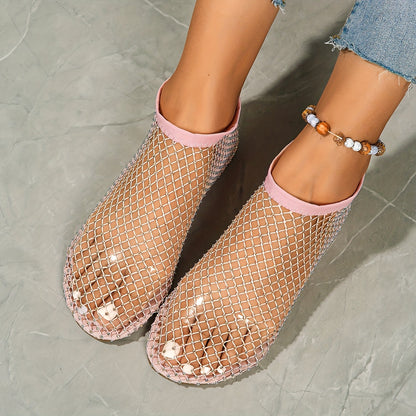 Stylish Women's Rhinestone Flat Sandals - Breathable Hollow Out Mesh Design, Slip-On Comfort, Fashionable Outdoor Beach Shoes for Summer