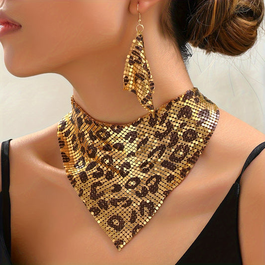 Leopard Print Glamour Jewelry Set - 3-Piece Bib Necklace & Dangle Earrings - Timeless Vintage Style for Fashion-Forward Women - Perfect Accessory for Banquets, Daily Wear, Beach Parties, and Music Festivals