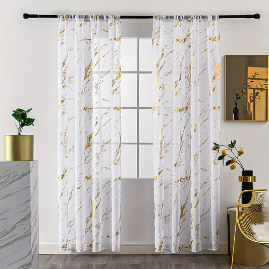 2pcs Golden Marble Printed Semi Blackout Sheer Curtains For Living Room & Bedroom Office Window Decoration Home Decor