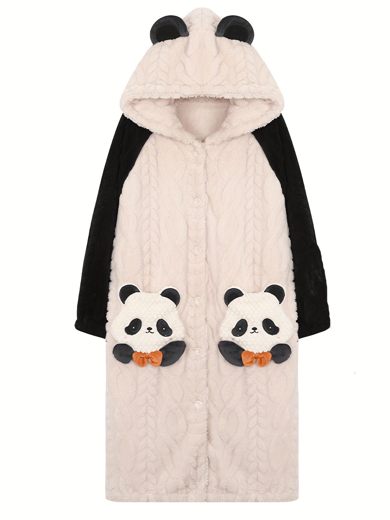 Cute Cartoon Panda Fleece Thickened Jacquard Night Robe For Fall & Winter, Raglan Sleeve Hooded Loose Fit Robe With Pockets, Women's Sleepwear & Dresses