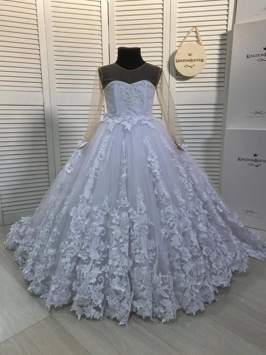 Princess Champagne Lace Flower Girl Dresses Sheer Long Sleeves Appliques Long Girls Pageant Gowns Formal Kids Birthday Party Communion Dress Custom Made BC18439