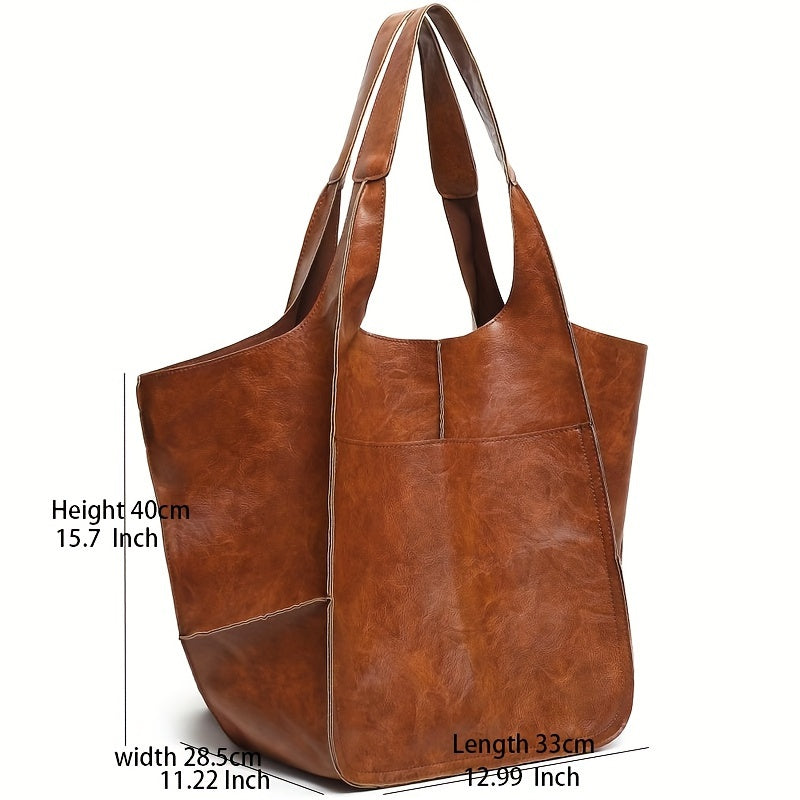 Large Capacity Retro Leather Tote Bag for Women - Spacious & Stylish Faux Leather Handbag with Handy Front Pocket for Work, Travel & Everyday Chic