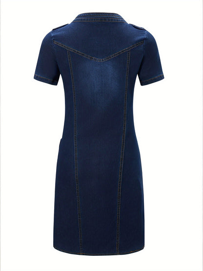 Women's Summer Casual Short Sleeve Denim Dress, Plain Jean Dress With Stand Collar, Fashionable Dress