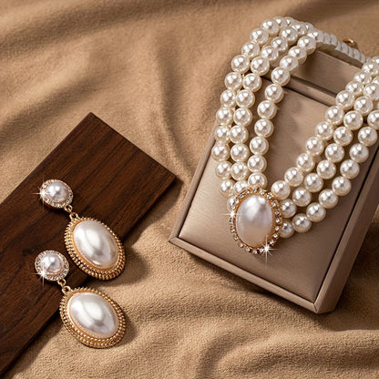 Elegant 14K Gold-Plated Pearl Jewelry Set - Vintage Multi-Layer Necklace & Earrings for Evening & Daily Wear