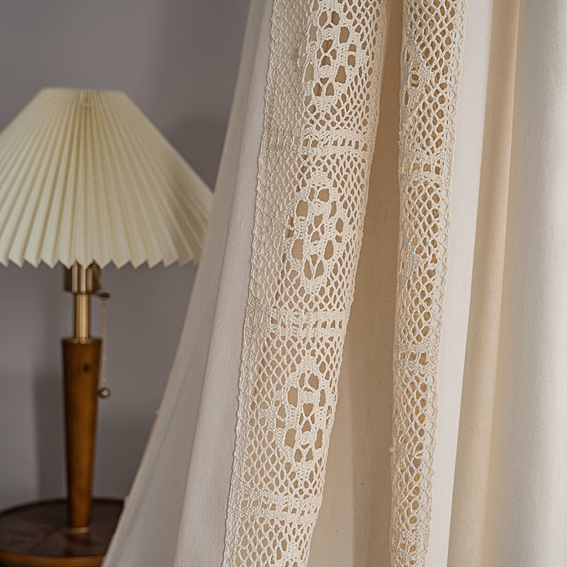 1pc Semi-Blackout Boho Linen Curtain - Cream Crochet Square Lattice - Stylish Farmhouse Beige Tassel - Perfect for Living Room, Bedroom & Kitchen Bay Window - Light Filtering, Rod Pocket Design