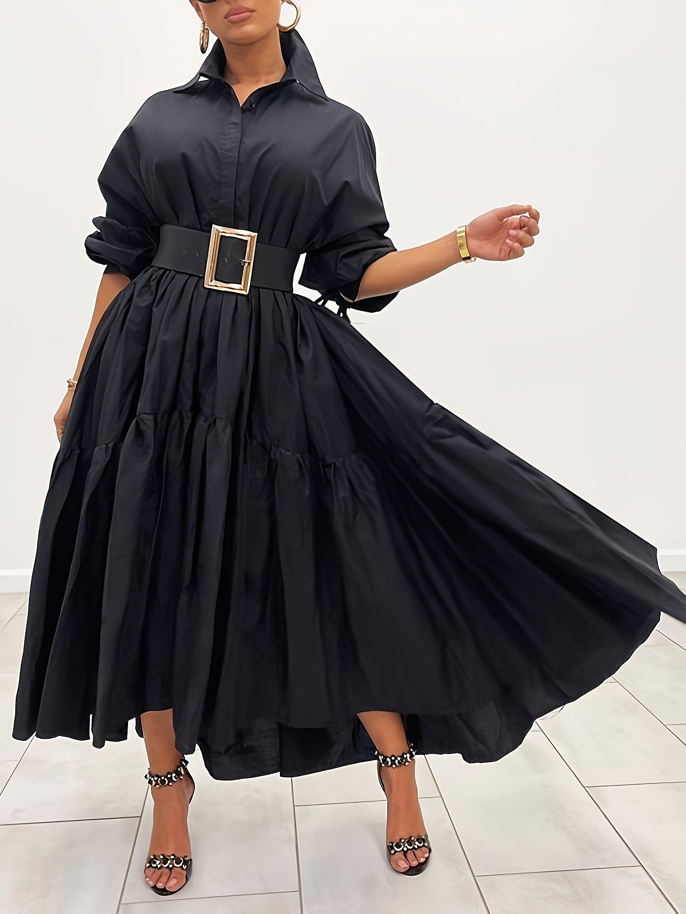 Vibrant Solid Color Ruffle Hem Maxi Shirt Dress - Long Sleeve, Loose Fit, Casual, Simple, Comfortable, Flowy, Women's Clothing for Everyday Wear