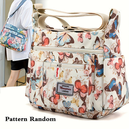 Floral Pattern Crossbody Bag - Water-Resistant Nylon Shoulder Bag with Multiple Pockets, Polyester Lining, and Zipper Closure - Perfect Mothers Day Gift for Mom or Any Occasion