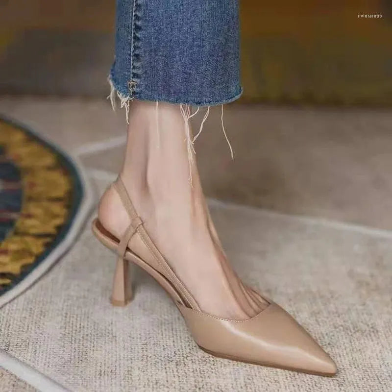 Dress Shoes  Summer Fashion Ladies Pointed Toe Sandals Retro Apricot Baotou Stiletto Buckle Strap High Heels