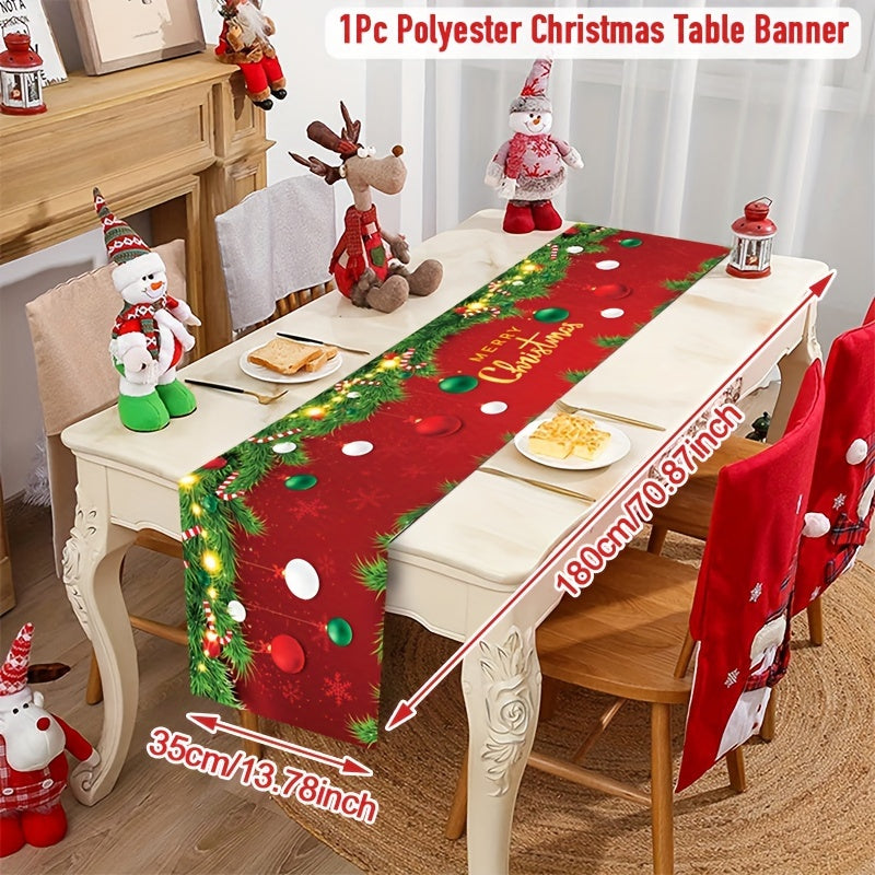 1pc, Christmas Polyester Table Runner, 70.87*13.78inch, Small Spherical Pendant Pattern Table Cover, Merry Christmas Decoration Table Flag, Xmas Gifts, Christmas Desktop Decoration, Happy New Year Decor, Natal Noel Navidad