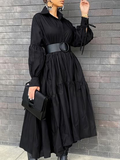 Vibrant Solid Color Ruffle Hem Maxi Shirt Dress - Long Sleeve, Loose Fit, Casual, Simple, Comfortable, Flowy, Women's Clothing for Everyday Wear