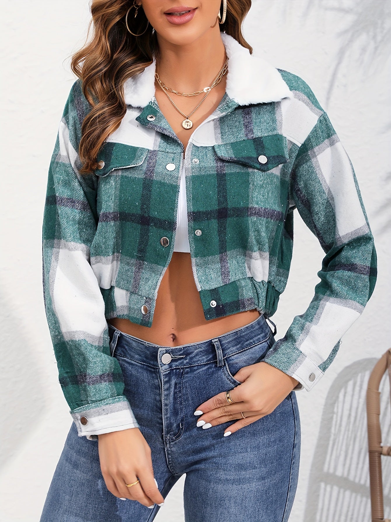 Button Plaid Faux Fur Collar Jacket, Casual Long Sleeve Crop Jacket For Fall & Winter, Women's Clothing