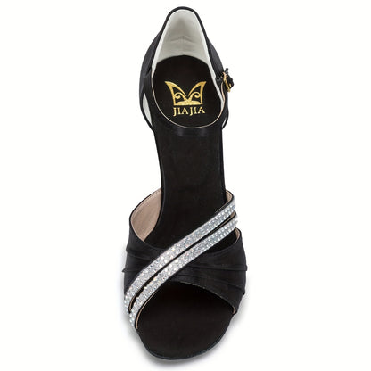 JIAJIA Glittering Satin Dance Sandals for Women - Flared Heel Latin Salsa Shoes - Model 20524 - Performance Ready - Comfortable Fit for All-Night Dancing