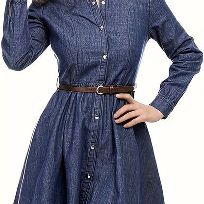 Plain Dark Blue Belted Elegant Denim Dress, Long Sleeve Single-breasted Pleated Flare Denim Shirt Dress, Women's Denim Jeans & Clothing