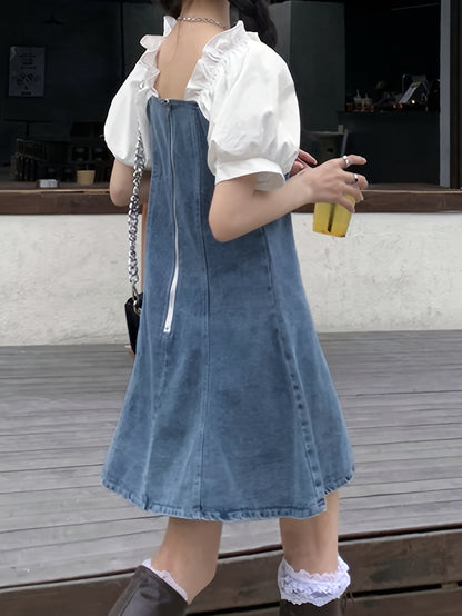 Vibrant Womens Denim Dress - Relaxed Fit, Trendy Patch Puff Sleeve, Short Sleeve, Solid Color, Versatile for Multiple Styling Options - Inspired by Street Fashion, Perfect for Summer Outings