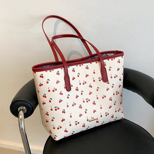 Adorable Cherry Print Tote Bag - Spacious Shoulder Bag for Women - Versatile Casual Style for Everyday Adventures