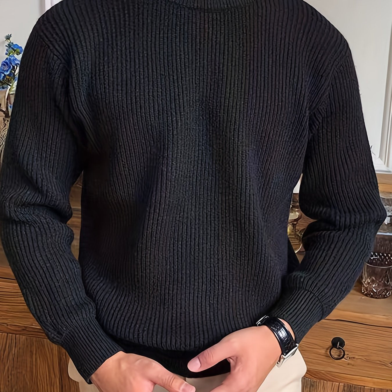 Cozy Crew Neck Sweater - Soft Slightly Stretch Acrylic Knit Fabric, Regular Fit, Solid Color, Machine Washable, Perfect for Fall and Winter - Casual Mens Pullover for Everyday Wear