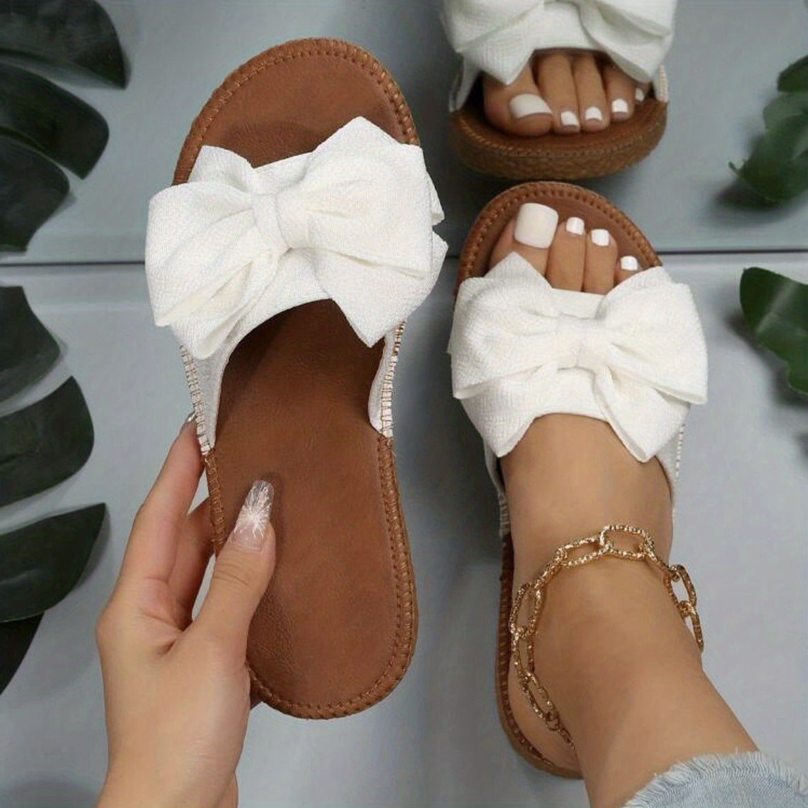 Stylish Bowknot Flat Sandals - Comfy Slip-On Open-Toe Non-Slip Summer Slides with Breathable Design, Soft Insoles, and Adjustable Straps for Women - Perfect Beach Shoes for Vacation and Outdoor Activities