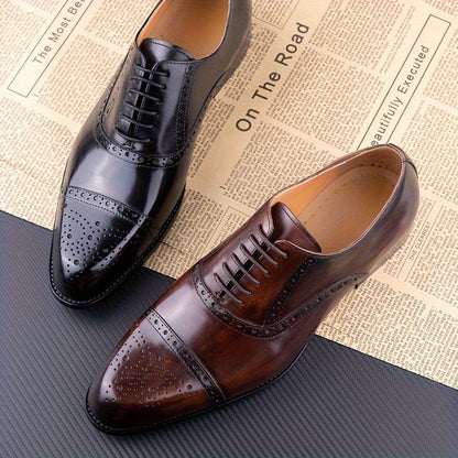 Premium Leather Men's Cap-Toe Oxfords - Brogue Detailing, Durable Lace-up Design - Ideal for Business & Daily Office Wear