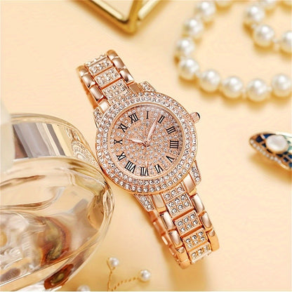 5 Pcs Round Quartz Watches Stainless Steel Strap Alloy Pointer Stainless Steel Dial And Rhinestone Bracelet Necklace Ring Jewelry For Women Gifts For Eid