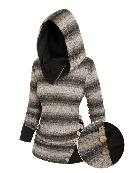 Cozy Striped Hooded Sweatshirt - Soft Mid-Elasticity Polyester, Machine Washable, Elegant Casual Long Sleeve Ruched Design, Perfect for Fall/Winter - Womens Stylish Knit Fabric Clothing