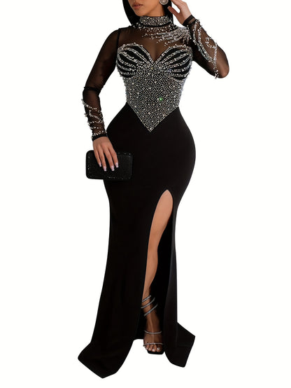 LOVECCR Long Sleeve Rhinestone Bodycon Dress - Dazzling Embellishments, Flattering Mock Slit, Elegant Mesh Splicing - Perfect for Womens Formal Events, Parties, and Banquets