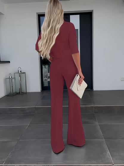 Two-Piece Solid Color Suit - Pantsuits for Women - Round Neck Short Sleeve Top and High Waist Straight Pants Set with Comfortable Fabric