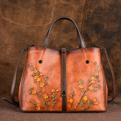 Genuine Leather Floral Embossed Vintage Tote Bag - Adjustable Strap, Soft Shoulder Bag, Elegant Crossbody Satchel Purse with Polyester Lining, Zipper Closure, Lightweight, and Positioning Printing - Urban Retro Style, Perfect for Women