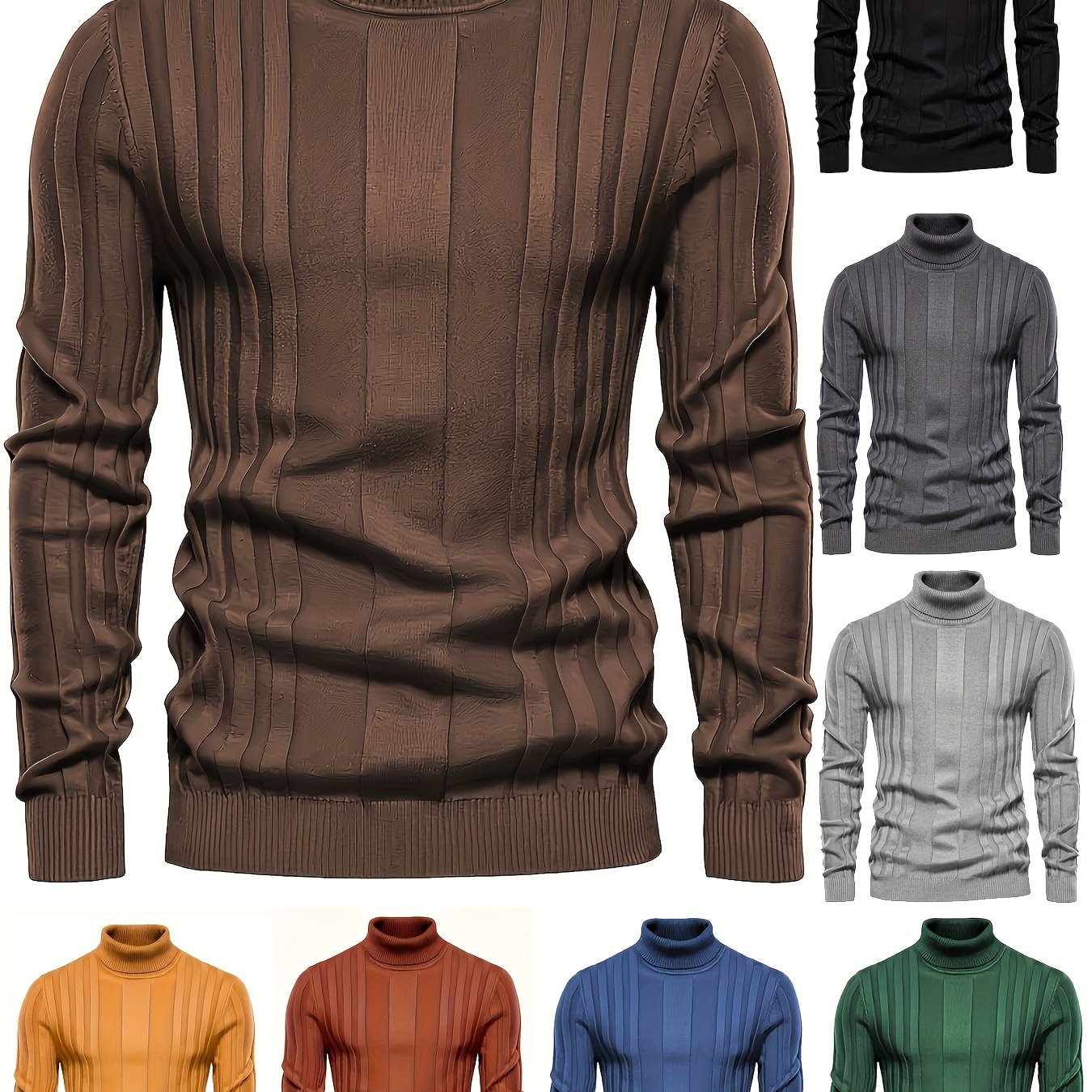 Cozy High Neck Knitted Sweater - Soft High Stretch Polyester Fabric, Long Sleeve, Regular Fit, Machine Washable, Solid Color Pullover for Men - Perfect for Spring and Fall Seasons