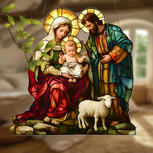 Holy Family Nativity Scene Suncatcher - 9"x9" Colorful Acrylic Window Hanging, Religious Decor for Home & Garden, Ideal Gift for Mom, Sisters, and Pastors