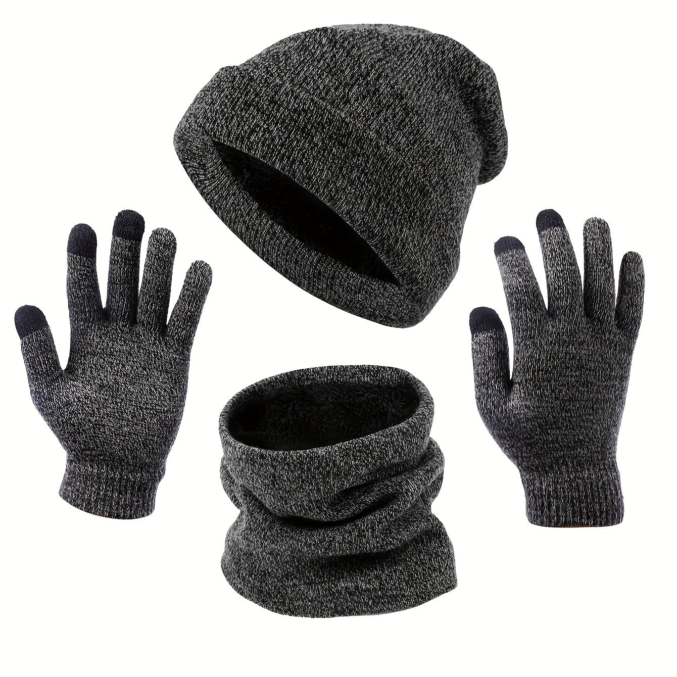 3pcs/set Thickened Warm Fleece Lined Hat Gloves Infinity Scarf Set Autumn Winter Unisex Warm Coldproof Sports Knit Beanie Cap Touchscreen Gloves Neck Gaiter 3-piece Set