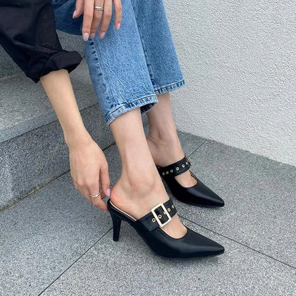 Slippers Pointed High Heels Women's Shoes Thin Sandals Summer Buckle Shallow Mouth Baotou Women