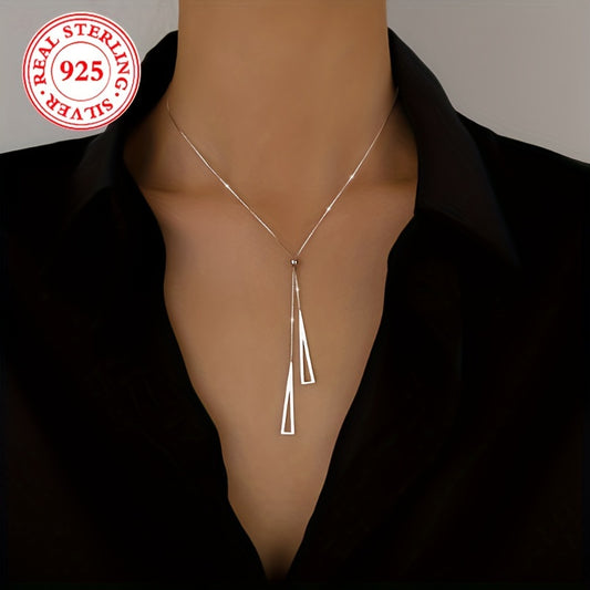 Premium S925 Sterling Silver Geometric Triangle Lariat Necklace - Effortlessly Adjustable Pull-Chain Design - Timeless Minimalist Style for Vacation or Everyday Glam - Y Shape Sterling Silver Accessory